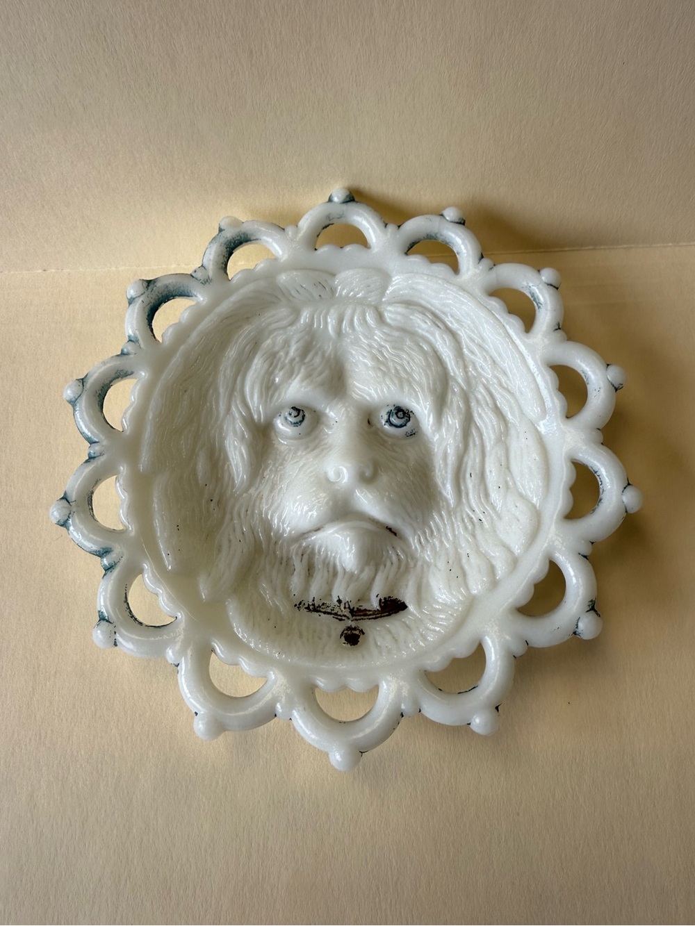 Vintage Westmoreland Milk Glass Woof Woof Dog Face Plate w Reticulated Lace Edge